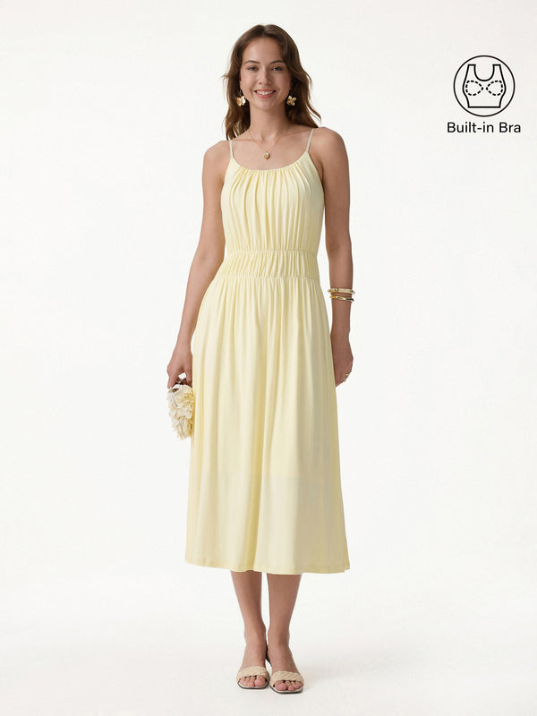 OGLmove Vacay Gathered U-Neck Spaghetti Midi Bra Dress with Pockets Pale Yellow XS