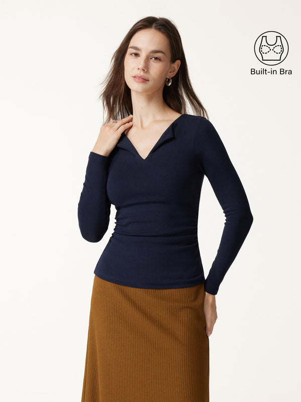 OGLmove Flapped V-Neck Long Sleeve Ruched Bra Top Smoky Navy XXS