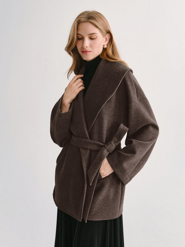 OGLmove FuzzLuxe Draped Shawl Collar Long Sleeve Belted Jacket Chocolate Brown XXS