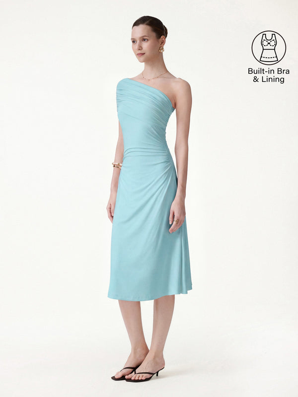 OGLmove Not-See-Thru One Shoulder Gathered Midi Bra Dress Sea Corn XS