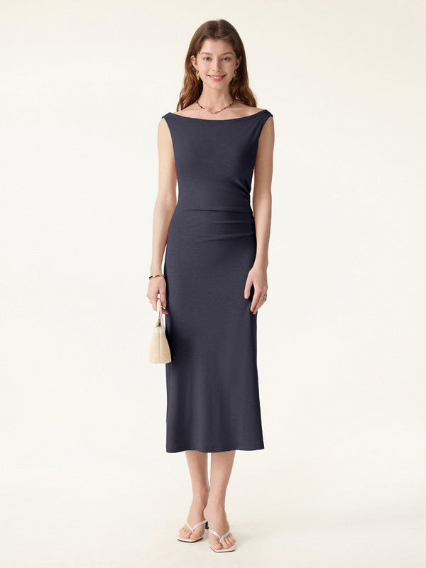 OGLmove Elegant Boatneck Tucked Fit-and-Flare Midi Bra Dress Universe Navy XS