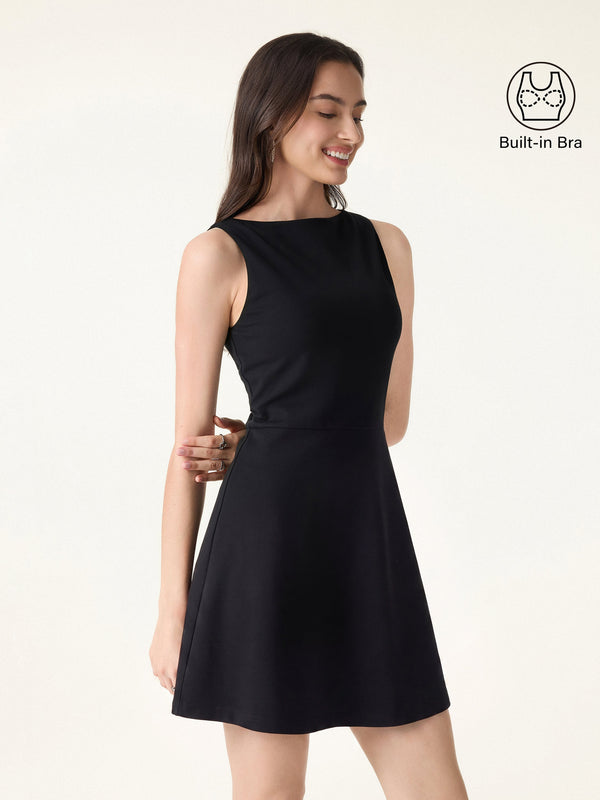 OGLmove Classy Boatneck Fit-and-Flare Mini Bra Dress Pure Black XS