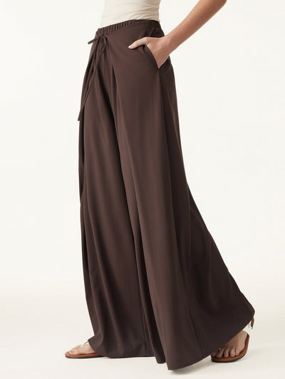 OGLmove Bamboo Ponte Wrap-tie Palazzo Pant with Pockets Walnut XS