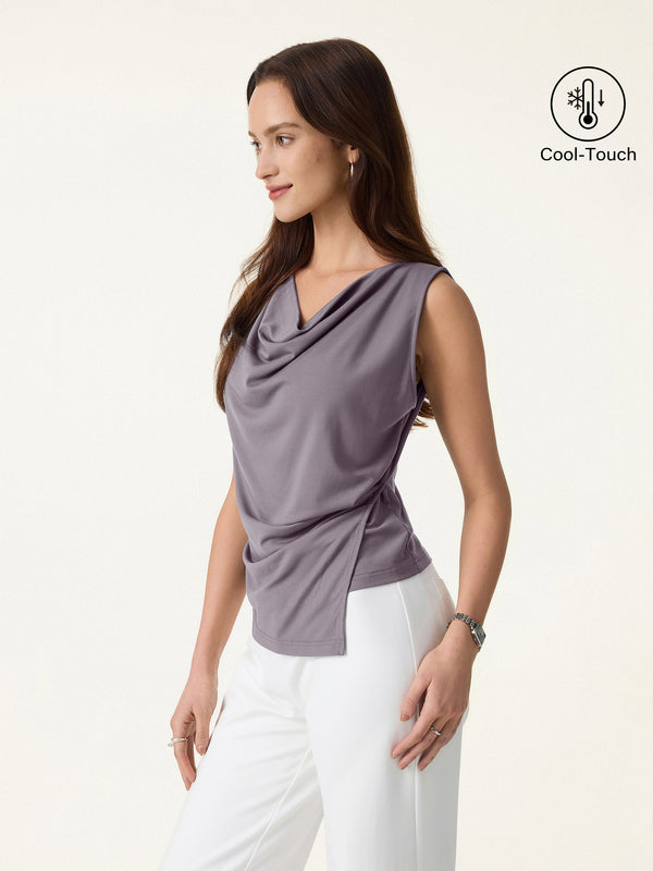 OGLmove Cowl Neck Asymmetrical Tucked Sleeveless Top Taro Purple XS