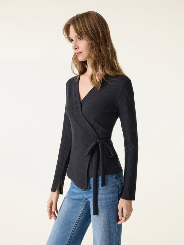 OGLmove MaxWarm Wide Ribbed Crossover Long Sleeve Tie-Waist Top