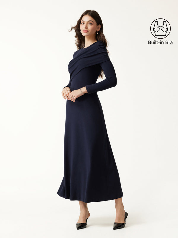 OGLmove Eco-Mousse® Boatneck Ruched A-Line Midi Bra Dress
