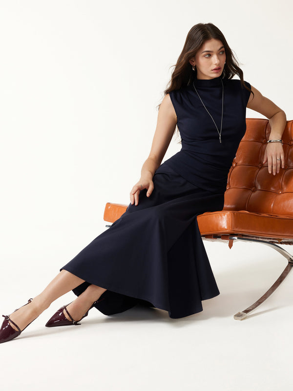 OGLmove Office Staple Ponte High-Rise Circle Midi Skirt with Pockets Universe Navy XXS