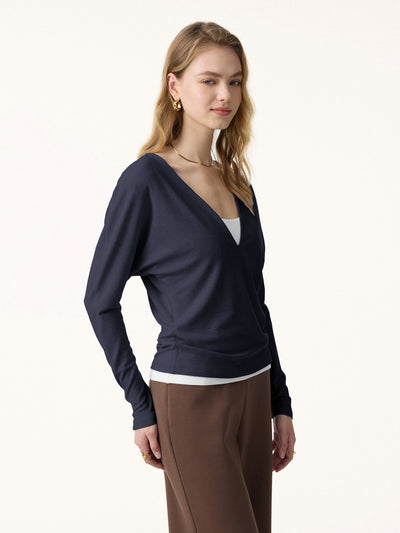 Maglia a maniche a pipistrello con scollo a V, in lana Lyocell non pruriginosa, dal taglio comodo
