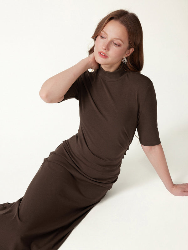 OGLmove Cotton Blend Mock Neck Elbow Sleeve Tucked A-Line Midi Dress Hazelnut Coco XXS