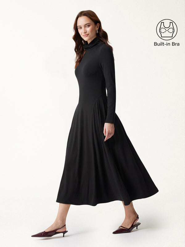 OGLmove ProWarm Turtleneck Tucked Built-In Bra 3.0 Midi Dress with Pockets Black XXS