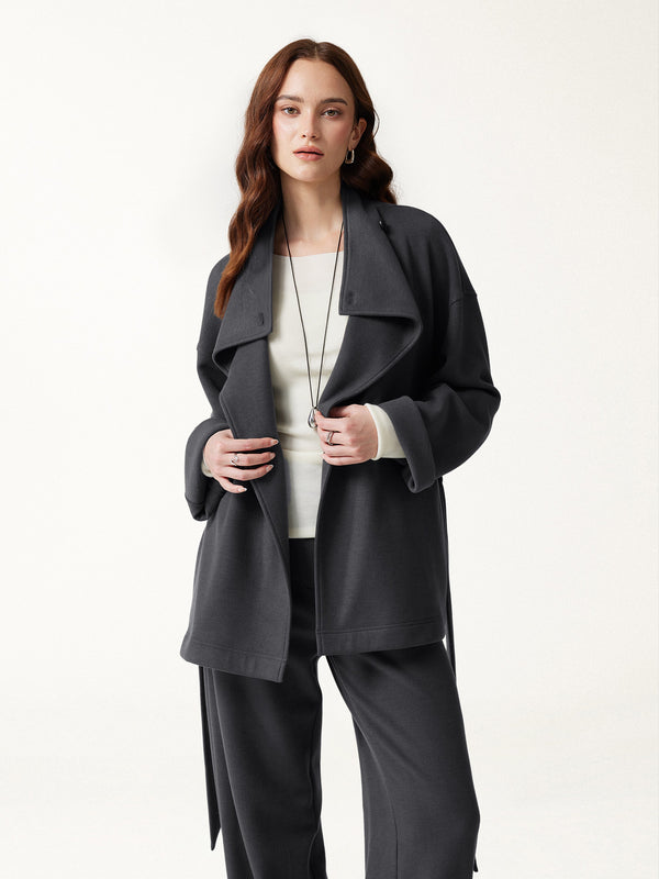 OGLmove FuzzLuxe Waterfall Lapel Belted Jacket with Pockets Deep Grey XXS