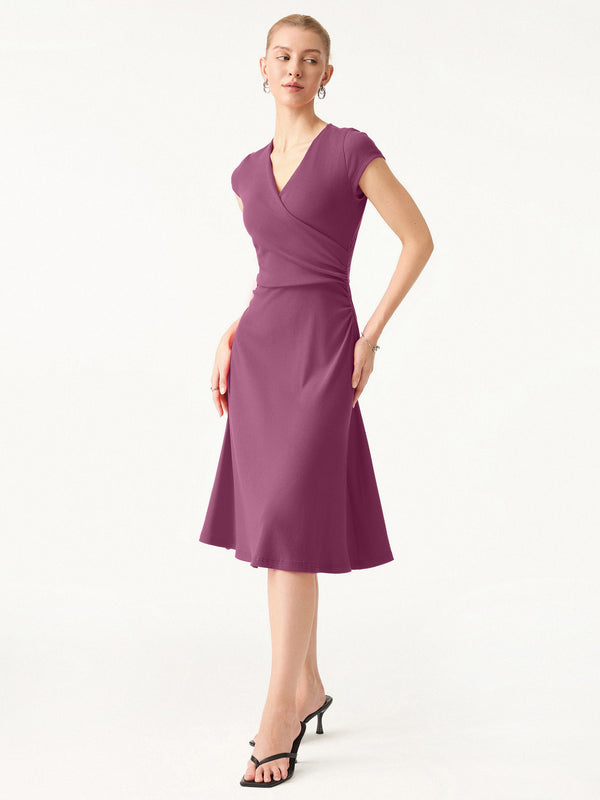 OGLmove Stretch Cotton Surplice V-neck Cap Sleeve Midi Dress Hot Fuschia XS