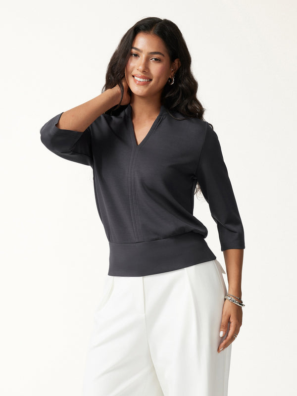 OGLmove V-Neck Elbow Sleeve Banded Top Blue Charcoal XXS