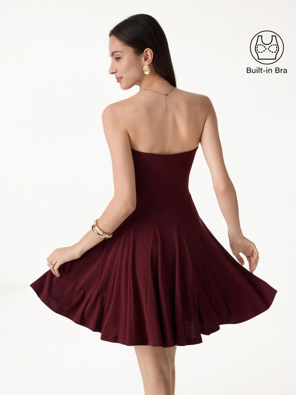 OGLmove Bandeau Godet Circle Flare Mini Bra Dress Ruby Red XS