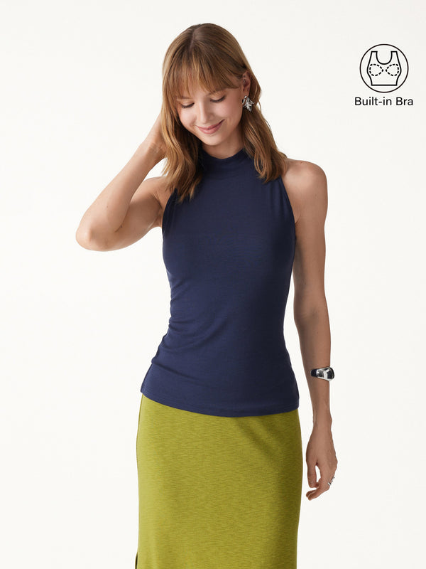 OGLmove LiteWarm Lyocell-Wool Knit Mock Neck Built-In Bra Top Universe Navy XXS