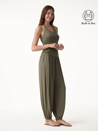 OGLmove 2Pcs Set Open Back Bra Top & Balloon Pants with Pockets Olive XS
