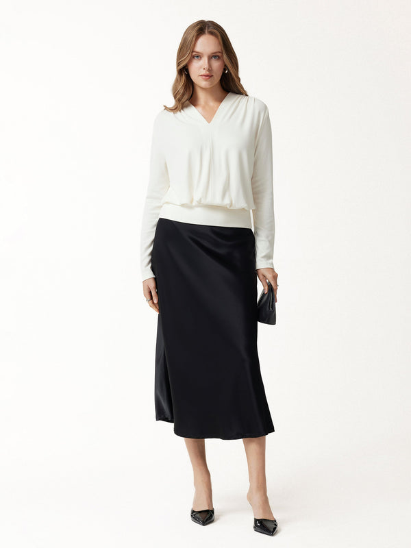 OGLmove Eco-Mousse® V-Neck Long Sleeve Ruched Banded Hem Top