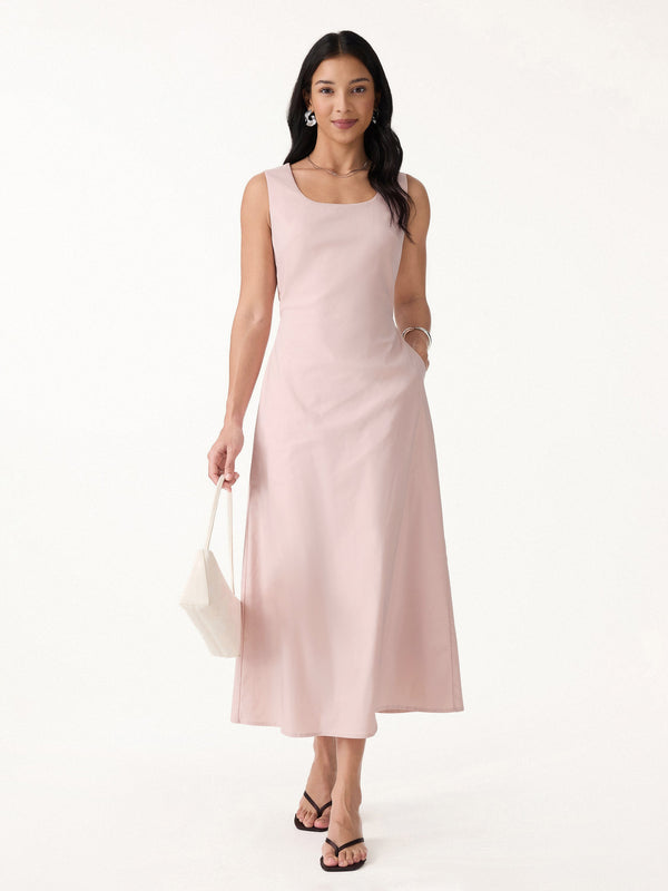 OGLmove Linen Blend U-Neck Maxi Dress with Pockets Tea Rose Pink XS