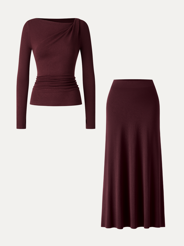OGLmove 2Pcs Set Asymmetrical Neck Long Sleeve Ruched Top & High-Rise A-Line Maxi Skirt