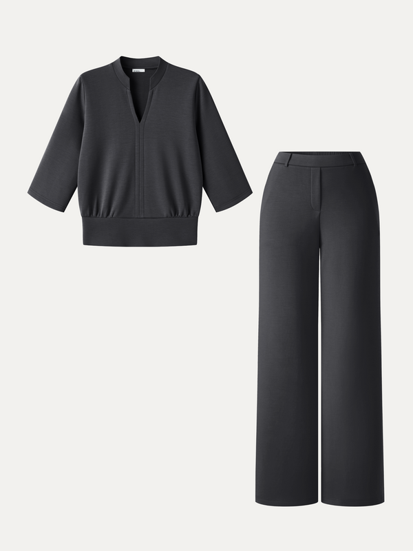 OGLmove 2Pcs Set Petite V-Neck Elbow Sleeve Top & High-Rise Wide Leg Pants with Pockets