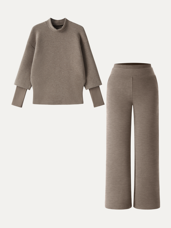 OGLmove 2Pcs Set Mockneck Sleeve-Warmer Top & Straight Leg Pants with Pockets