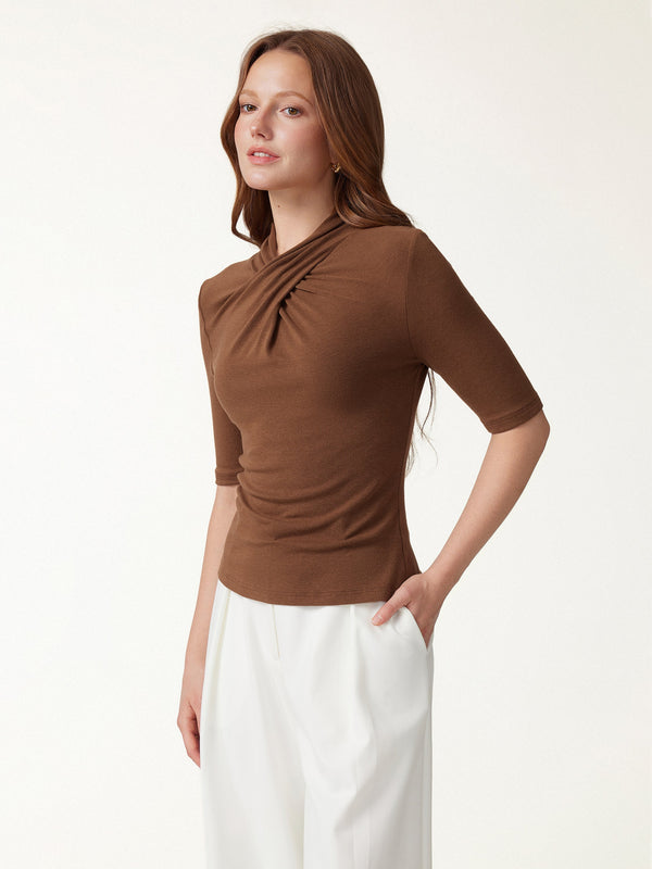 OGLmove Eco-Mousse® Crisscross Mock Neck Elbow Sleeve Ruched Top Sweet Hazelnut XXS