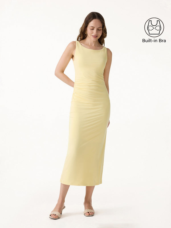 OGLmove Matte Smooth Boatneck Ruched Midi Bra Dress
