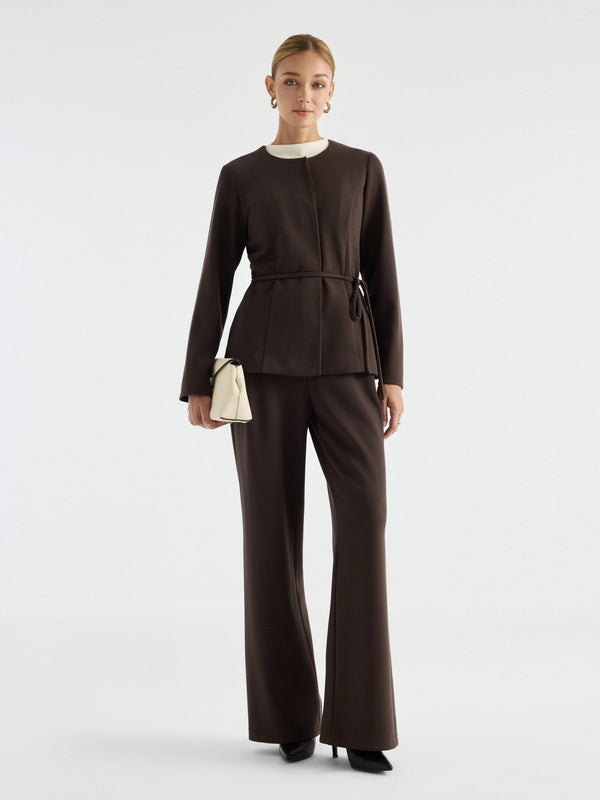 OGLmove Bamboo Piqué Round Neck Long Sleeve Belted Jacket with Pockets