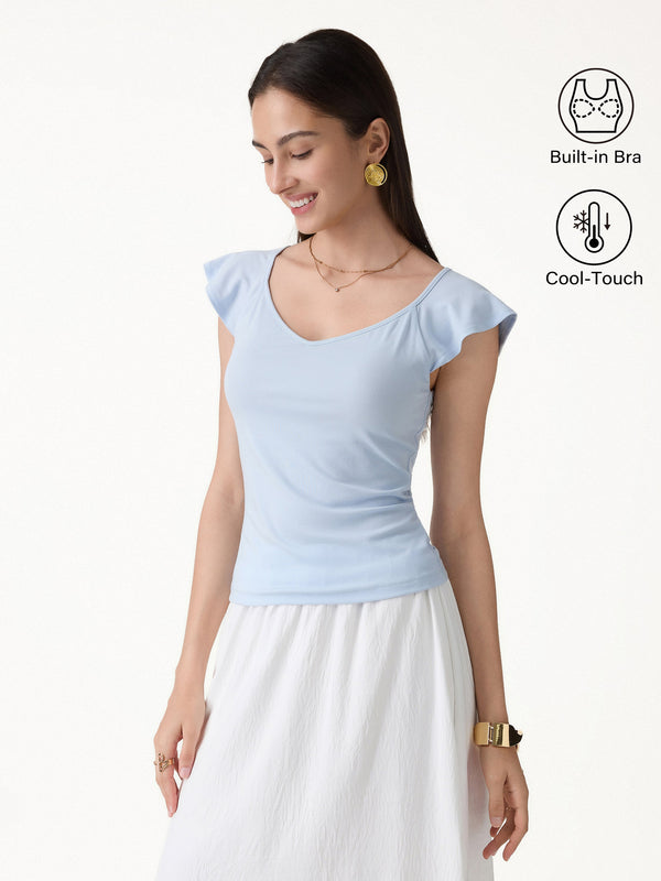 OGLmove Matte Smooth Diamond Neck Flutter Sleeve Bra Top Dew Sky Blue XS