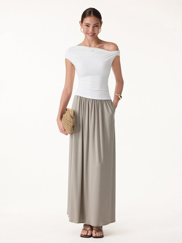 OGLmove 2Pcs Set Cowl Neck Bra Tank & A-Line Maxi Skirt with Pockets