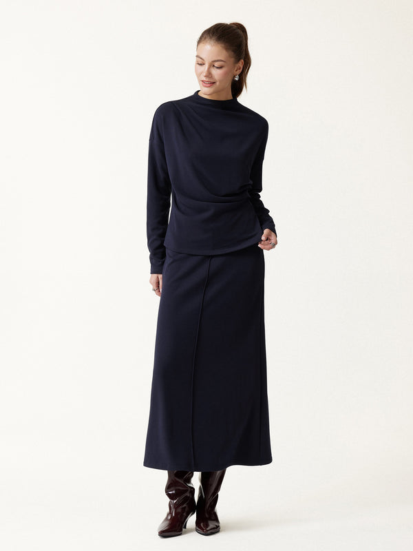 OGLmove 2Pcs Set Prowarm Mock Neck Long Sleeve Top & Mid-Rise A-Line Midi Skirt