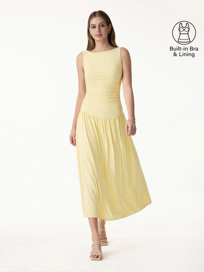 OGLmove SkinKiss Cooling Boatneck Ruched Midi Bra Dress Butter Yellow XS