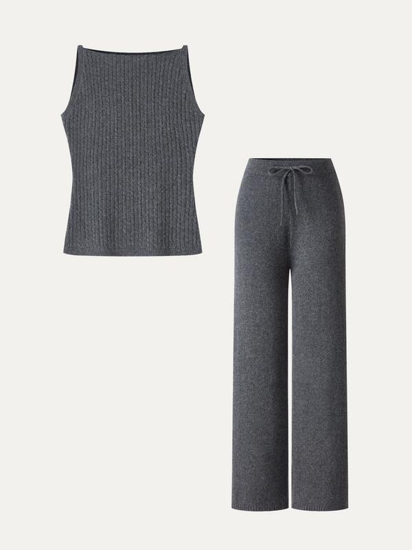OGLmove 2Pcs Set Sleeveless Cable-Knit Sweater Tank & Drawstring Wide-Leg Knit Pants