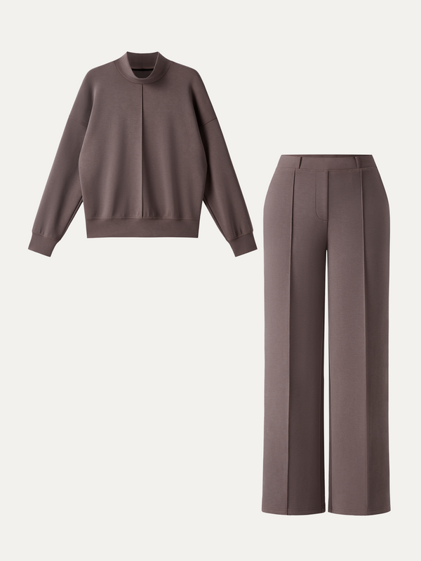 OGLmove 2Pcs Set Mockneck Pullover Shirt & Mid Rise Straight Leg Pants with Pockets