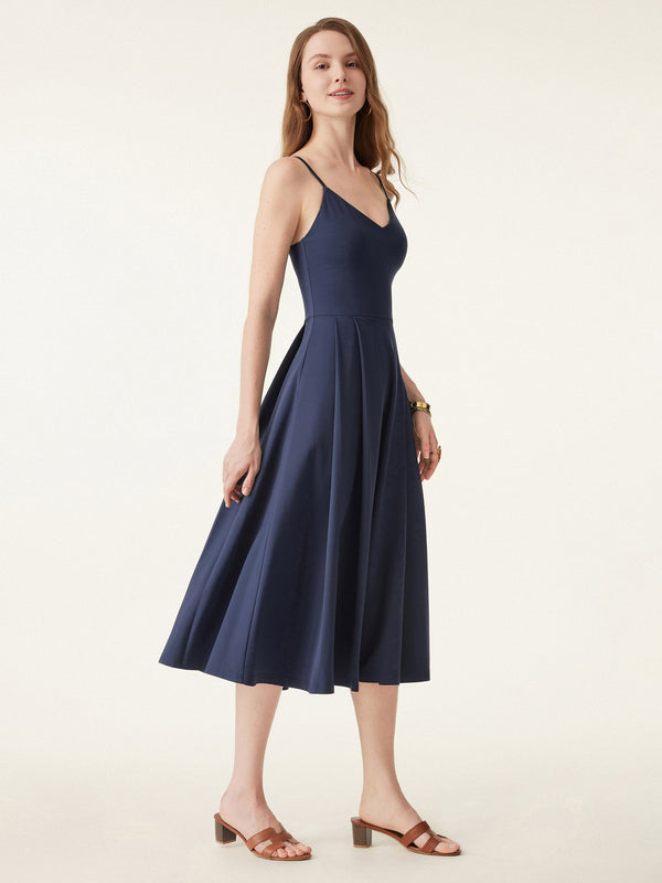 OGLmove Bamboo Ponte V-neck Fit-and-flare Midi Bra Sundress with Pockets