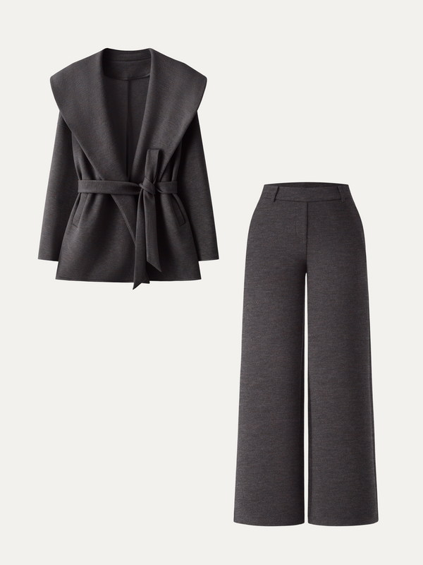 OGLmove 2Pcs Set Belted Shawl Collar Robe Jacket & Mid Rise Straight Pants with Pockets Heather Morganite XXS