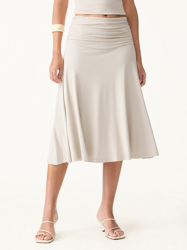 OGLmove 2Pcs Set SkinKiss Asymmetrical Shoulder Bra Top & Side Ruched A-line Midi Skirt