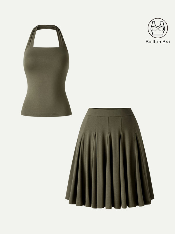 OGLmove 2Pcs Set Halter Going-Out Bra Top & Knee-Length Flare Skirt