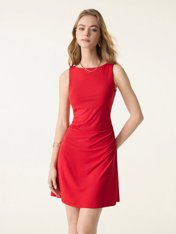 OGLmove SkinKiss Boatneck Ruched A-line Mini Bra Dress Red XS