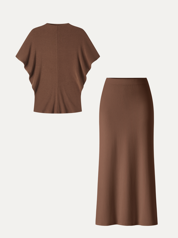 OGLmove 2Pcs Set Mock Neck Cap Sleeve Seamed Top & Mid-Rise Column Midi Skirt