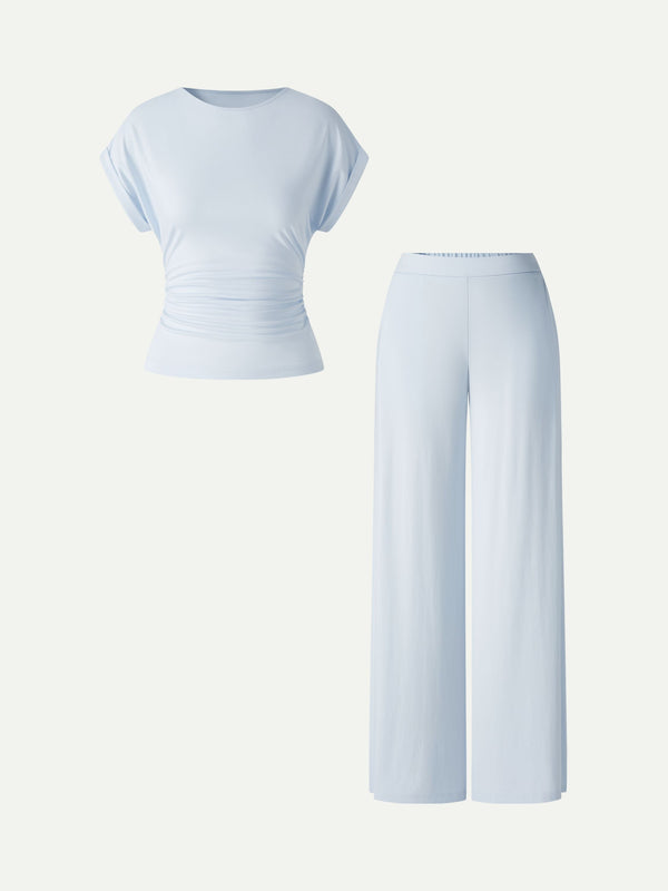 OGLmove 2Pcs Set Round Neck Ruched Tee & Mid Rise Wide Leg Pants