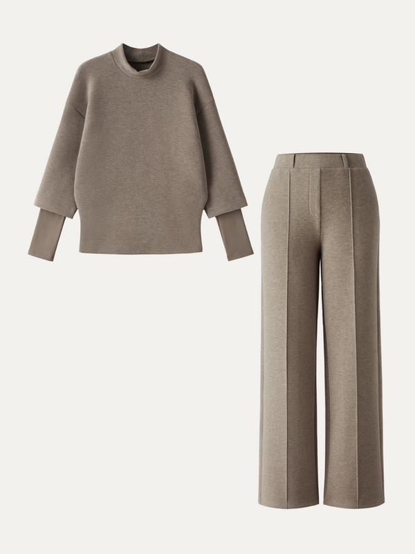 OGLmove 2Pcs Set Mockneck Top & High Waisted Straight Leg Pull On Pant