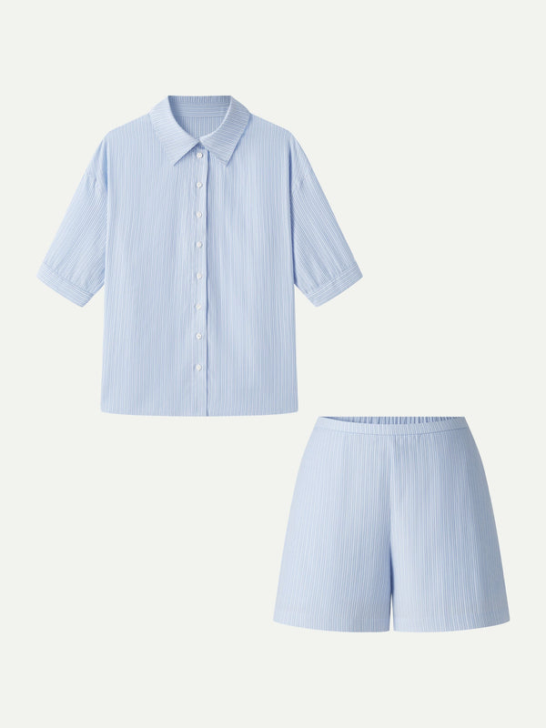 OGLmove 2Pcs Set Collared Sleeve Shirt & A-Line Shorts with Pockets
