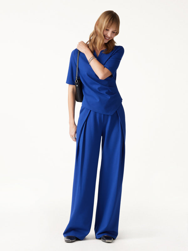 OGLmove 2Pcs Set Surplice Elbow Sleeve Top & Mid-Rise Wide-Leg Tuck Pants with Pockets Ultramarine Blue XXS