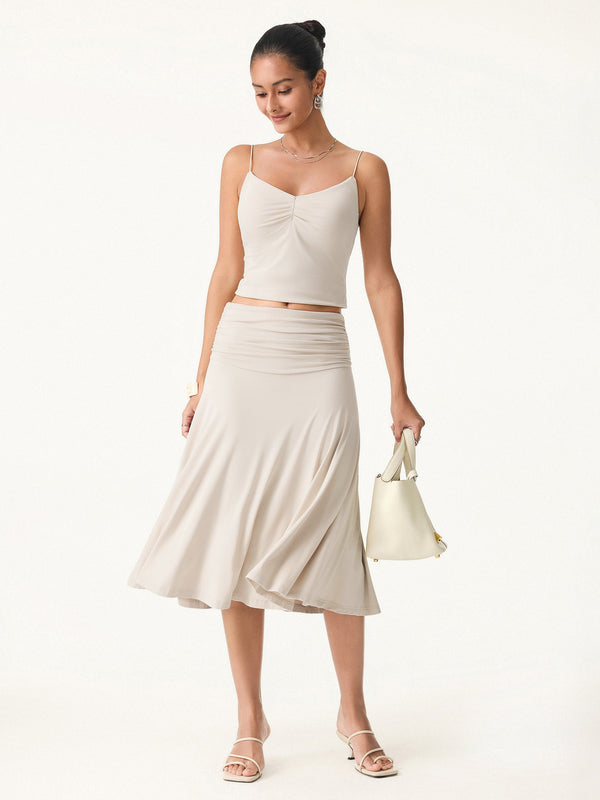 OGLmove 2Pcs Tie Back Bandless Bra Tank & Side Ruched A-line Midi Skirt