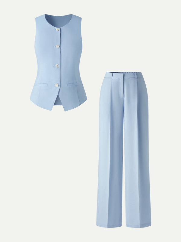 OGLmove 2Pcs Set Waistcoat with Pockets & Wide Leg Pant