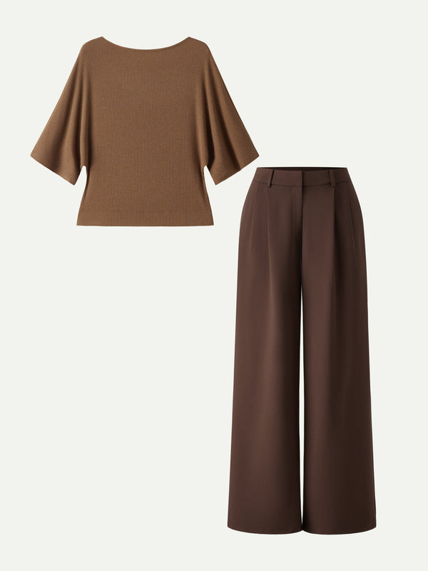 OGLmove 2Pcs Set Boatneck Relaxed Top & Wide Leg Pant with Pockets