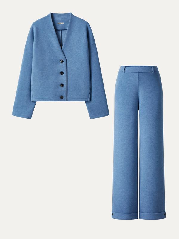 OGLmove 2Pcs Set V-Neck Button-Down Cardigan with Pockets & High-Rise Wide-Leg Pants with Pockets